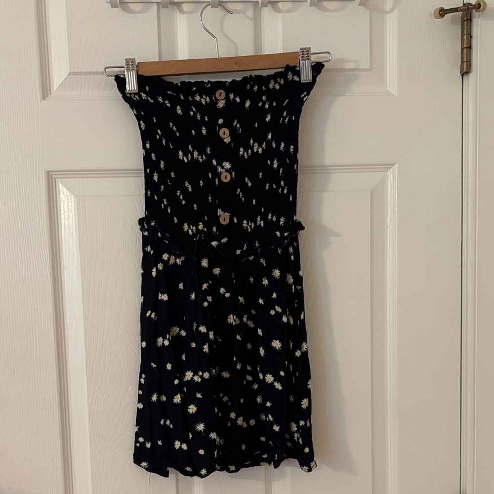 Navy Sunflower Print Strapless Dress